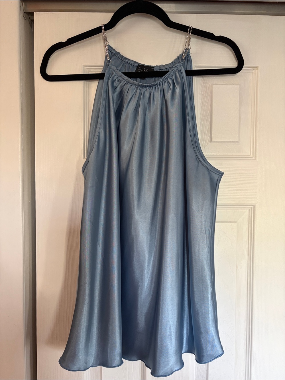 Nicole Miller New York Blue Satin Rhinestone Strap Tank Top Size XL